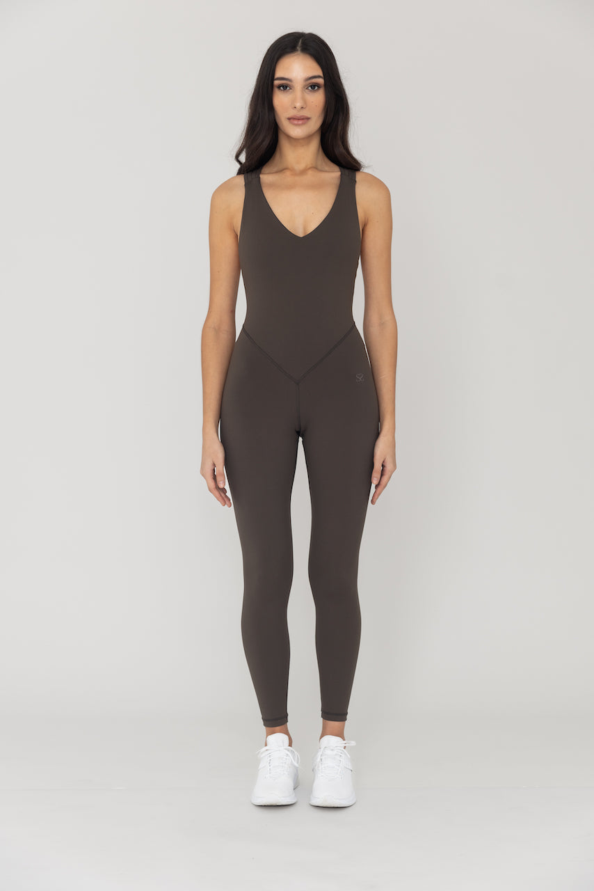 Trendy Cacao Bruine Jumpsuit met Butt Shaper V-Snitt